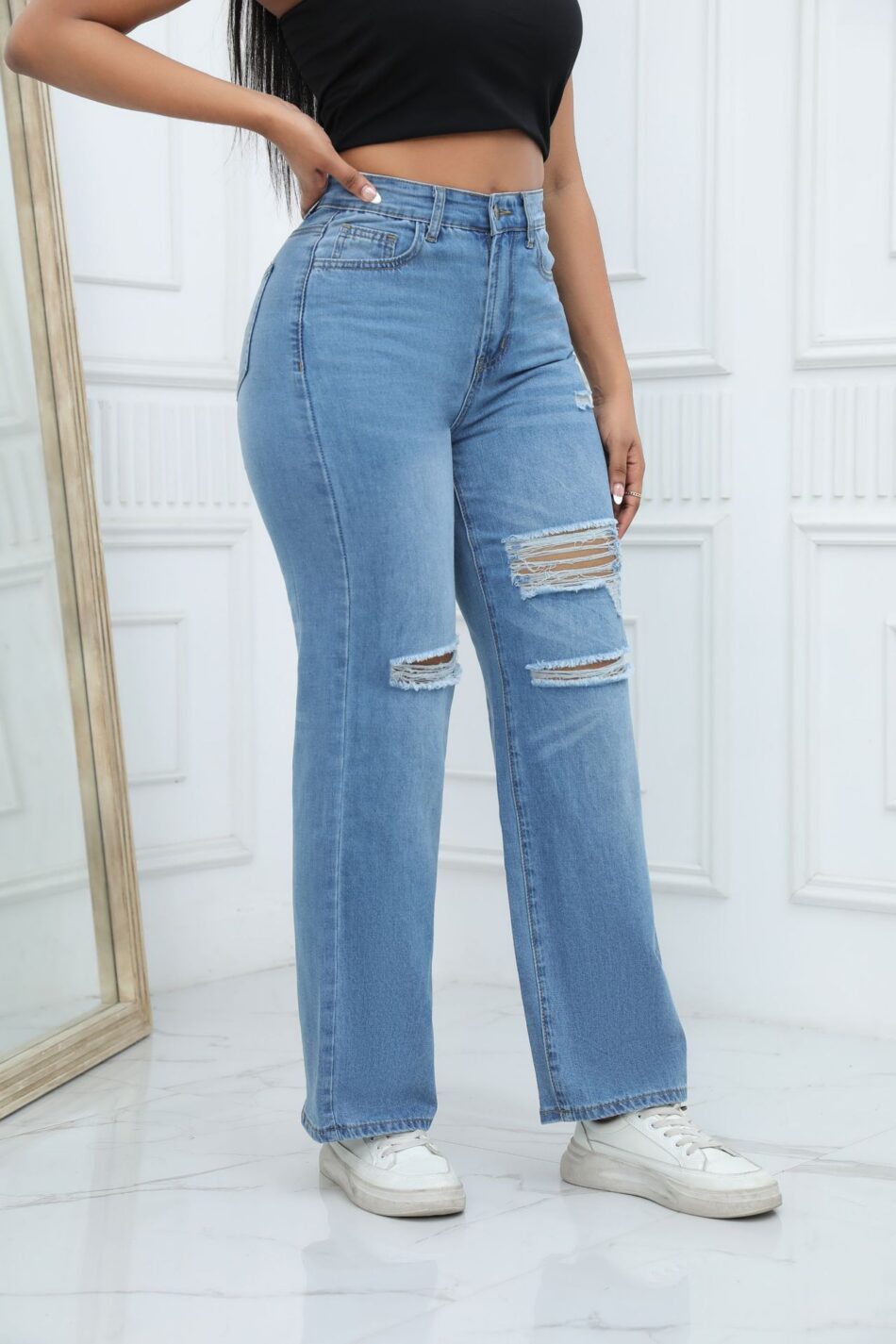 Jeans Water Washed Hole Wide Leg