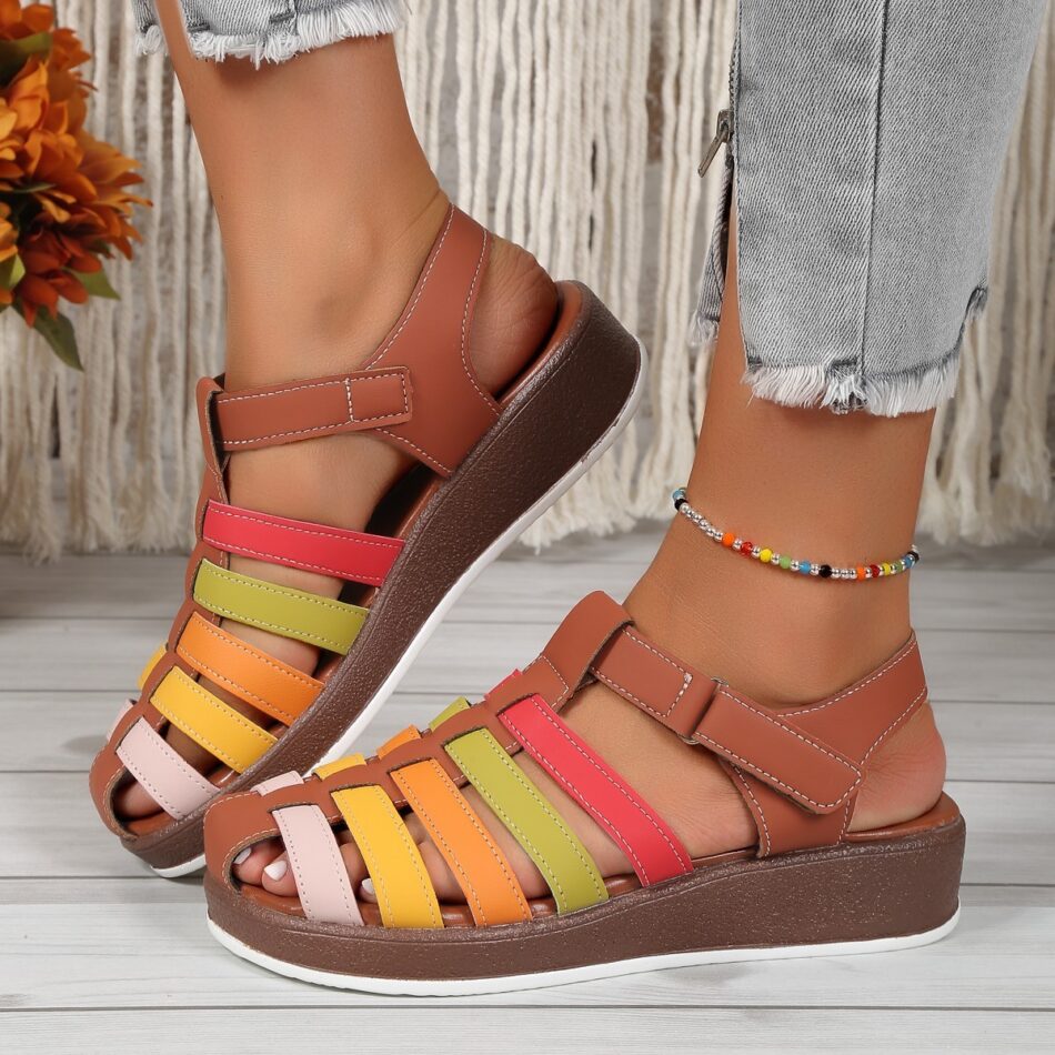 Round Toe Wedge Buckle Color Matching Women's Sandals - Image 5