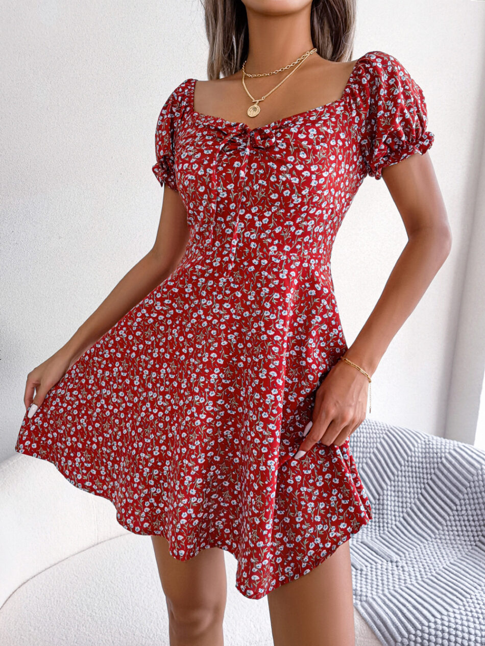 Spring Summer Casual Bell Sleeve Drawstring Lace Floral Print Dress - Image 2