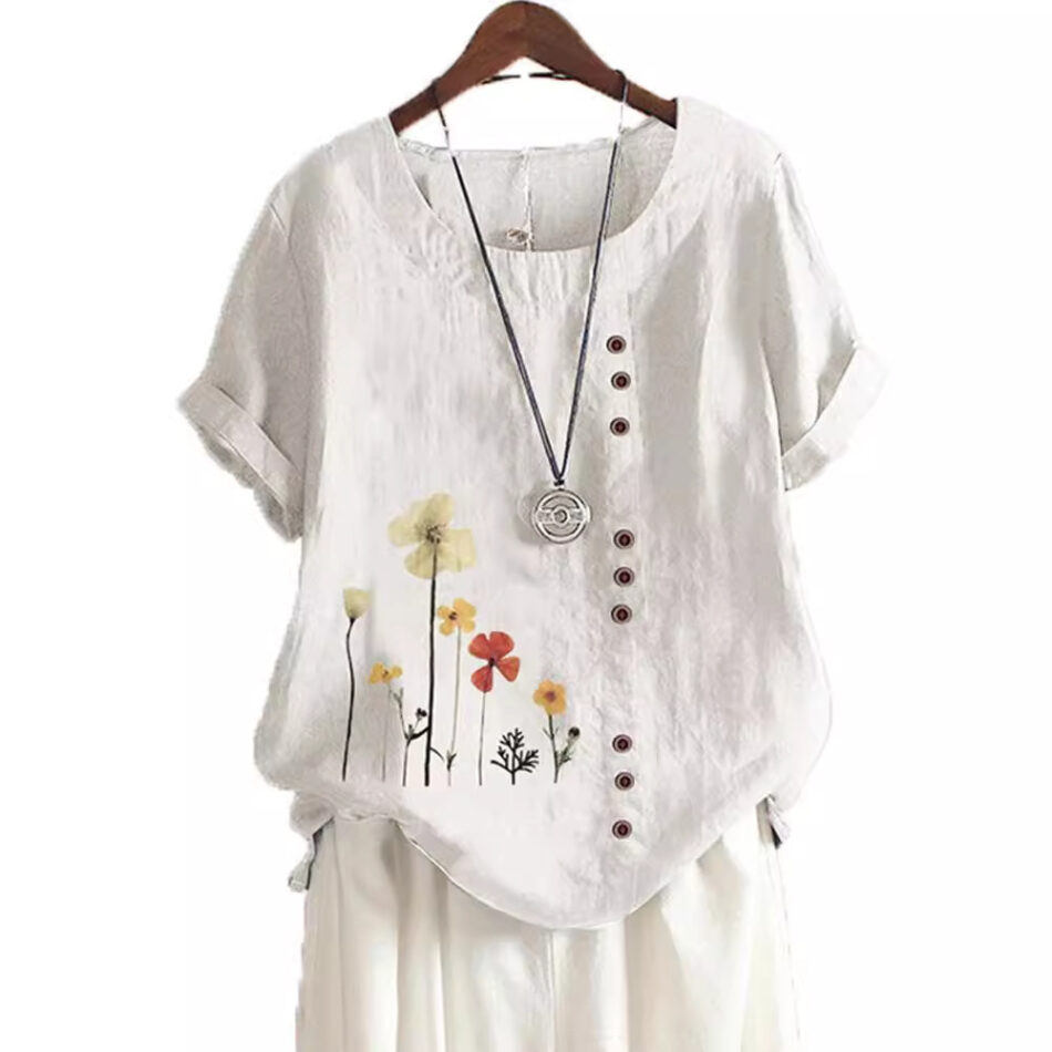 Cotton And Linen Printed Elegant Short Sleeve T-shirt Top Women - Image 9