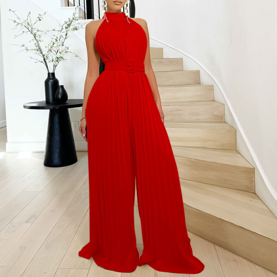 Summer Solid Color Sleeveless  Wide Leg Pleated Jumpsuit - Image 3