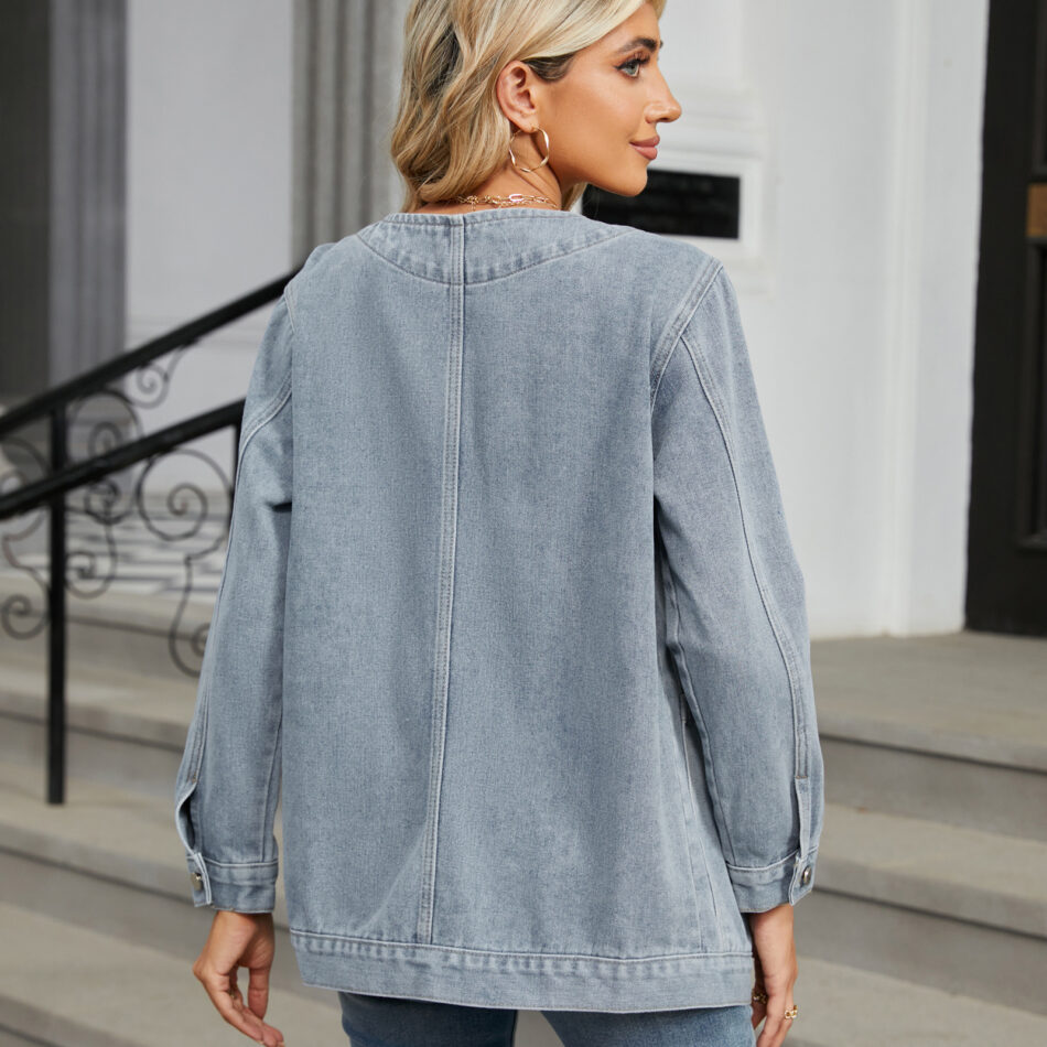 Women Autumn Washed Long Sleeve V Neck Denim Coat Top - Image 6