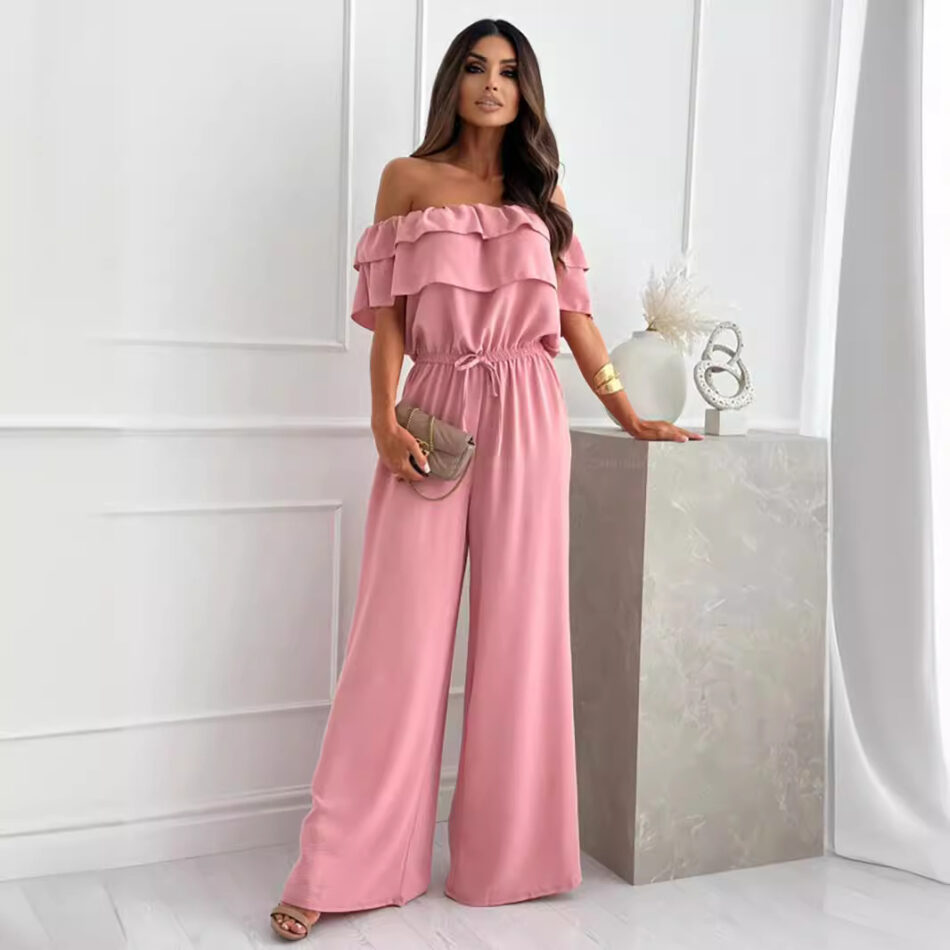 Summer Solid Color Office Ruffled off Shoulder Short Sleeved Jumpsuit