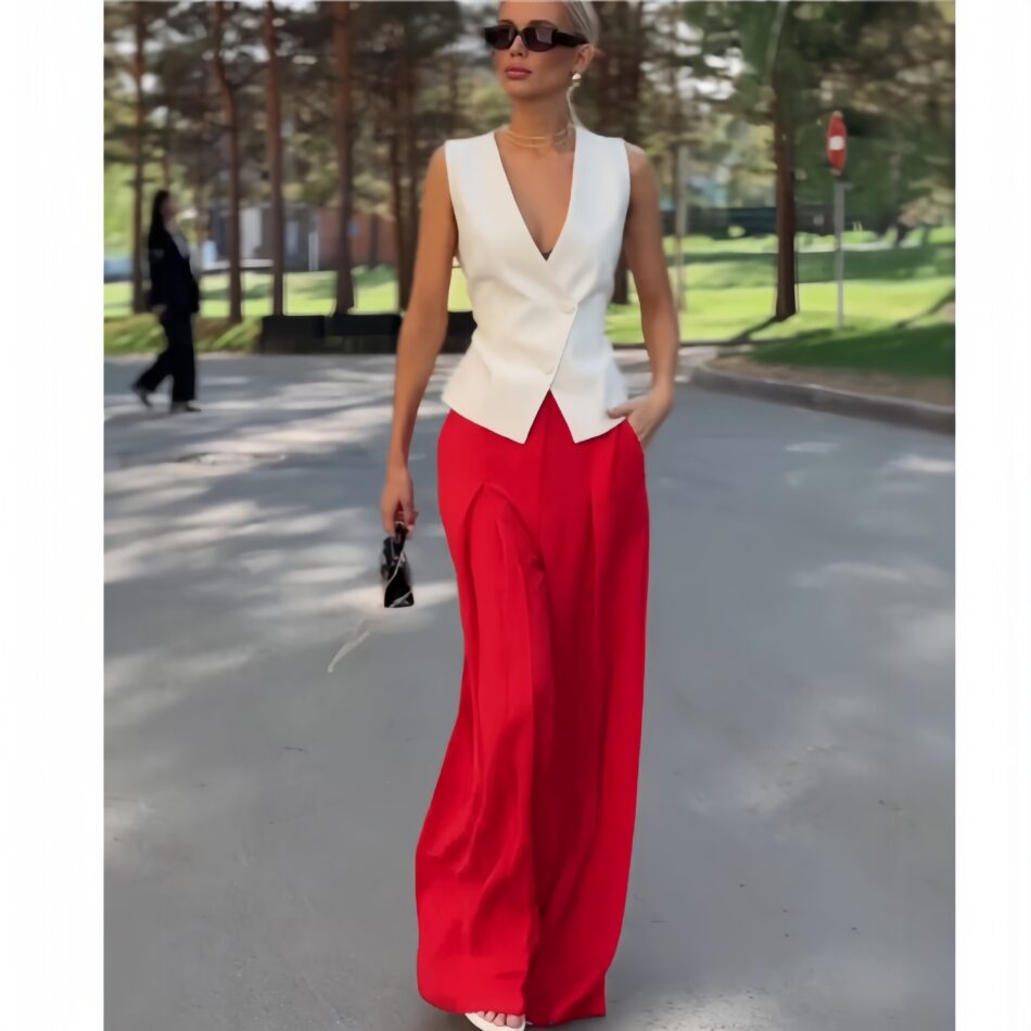 Women Clothing Personality Deep V Plunge Neck Sleeveless Top Casual High Waist Wide Leg Pants Two Piece Set - Image 3