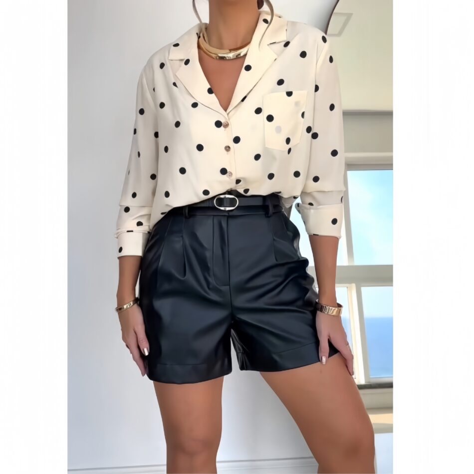 Summer Loose Polka Dot Long Sleeve Shirt Casual Leather  Shorts Two Piece Set - Image 4