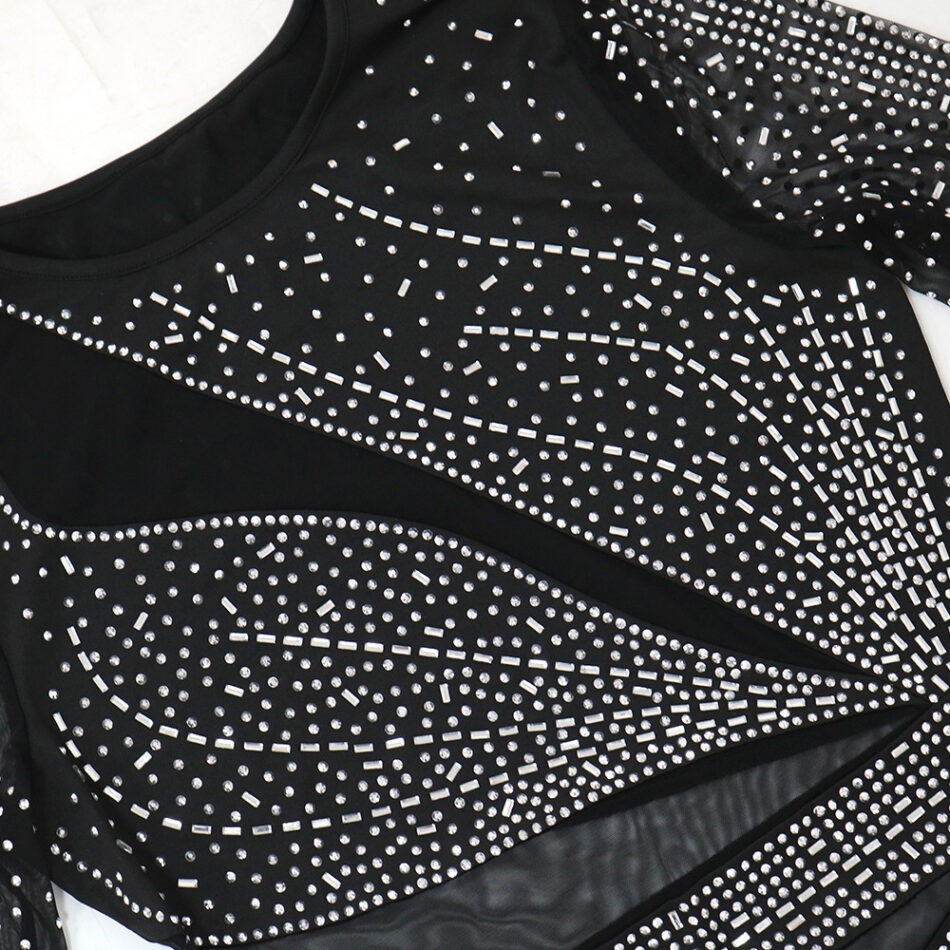 round Neck Long Sleeve Rhinestone Sheath A line  Sexy See-through Dress - Image 5