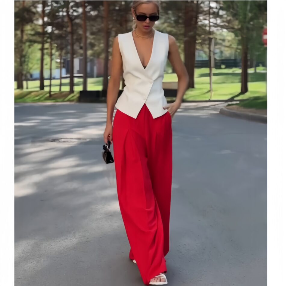 Women Clothing Personality Deep V Plunge Neck Sleeveless Top Casual High Waist Wide Leg Pants Two Piece Set - Image 2