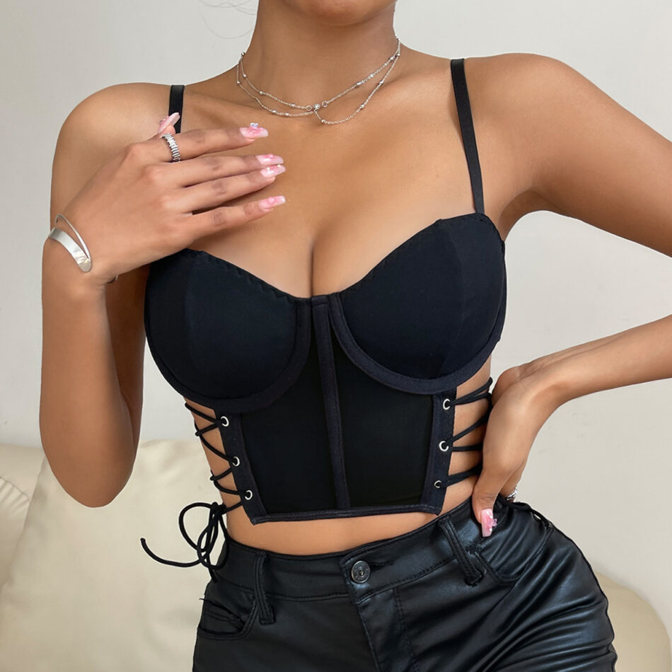 Sexy Hollow Out Cutout Cross Strap Cropped Steel Ring Boning Corset Vest - Image 3