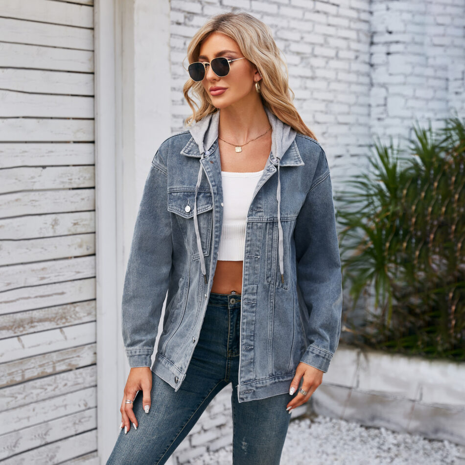 Women Clothing Washed Loose Denim  Mid Length Jacket