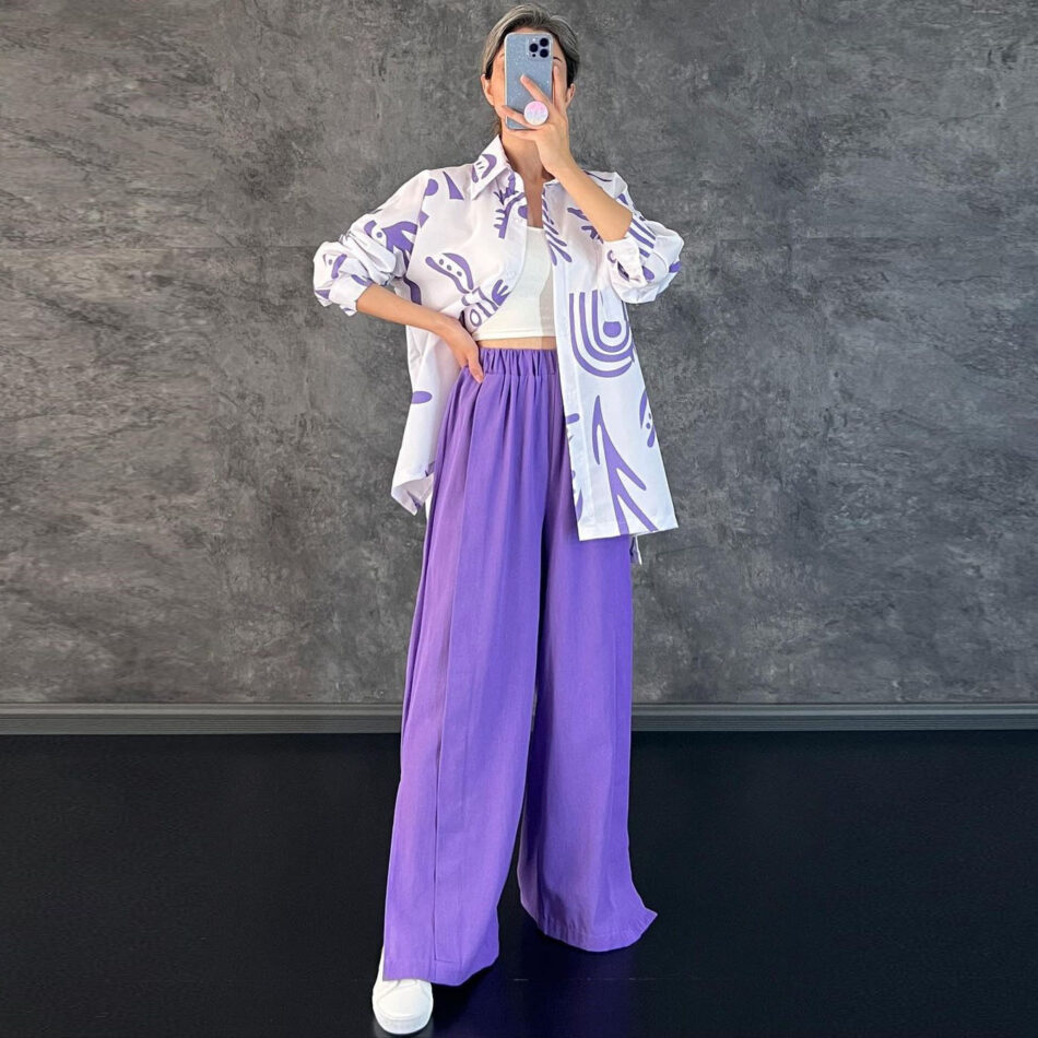 Women Clothing Casual Long Sleeve Printed Shirt High Waist Slit Wide Leg Pants Set - Image 2