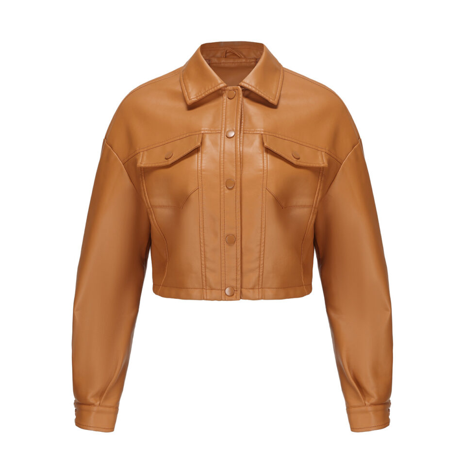 Spring Autumn Loose Casual Leather Long Sleeved Single Breasted Women Short Jacket - Image 4