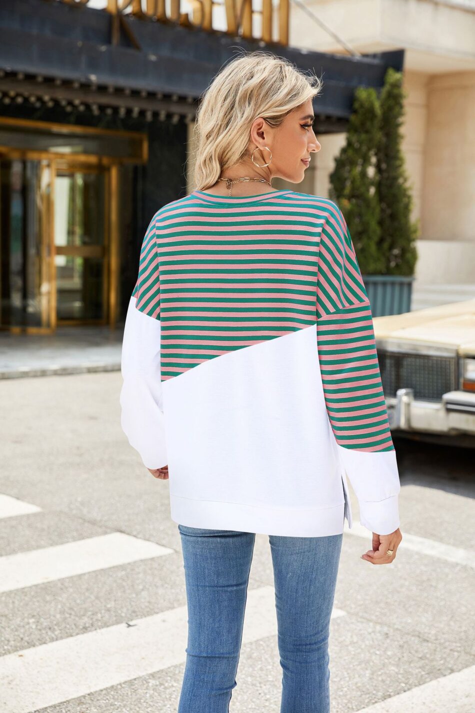 Autumn Winter Solid Color Round Neck Contrast Color Striped Long Sleeve Sweater Women - Image 5